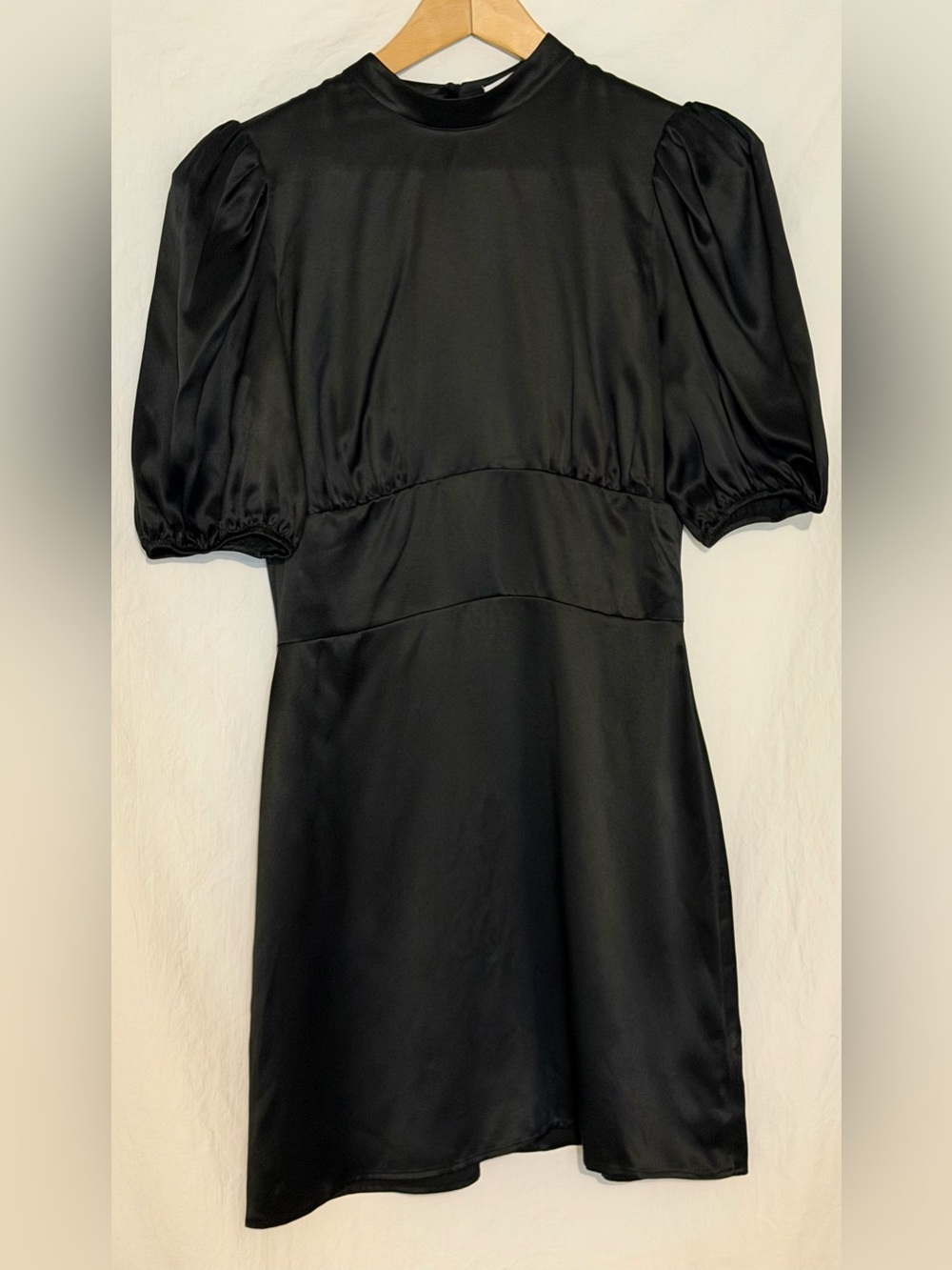 Reformation Black Marsha Silk Dress Short Puff Sleeve Mock Neck LBD